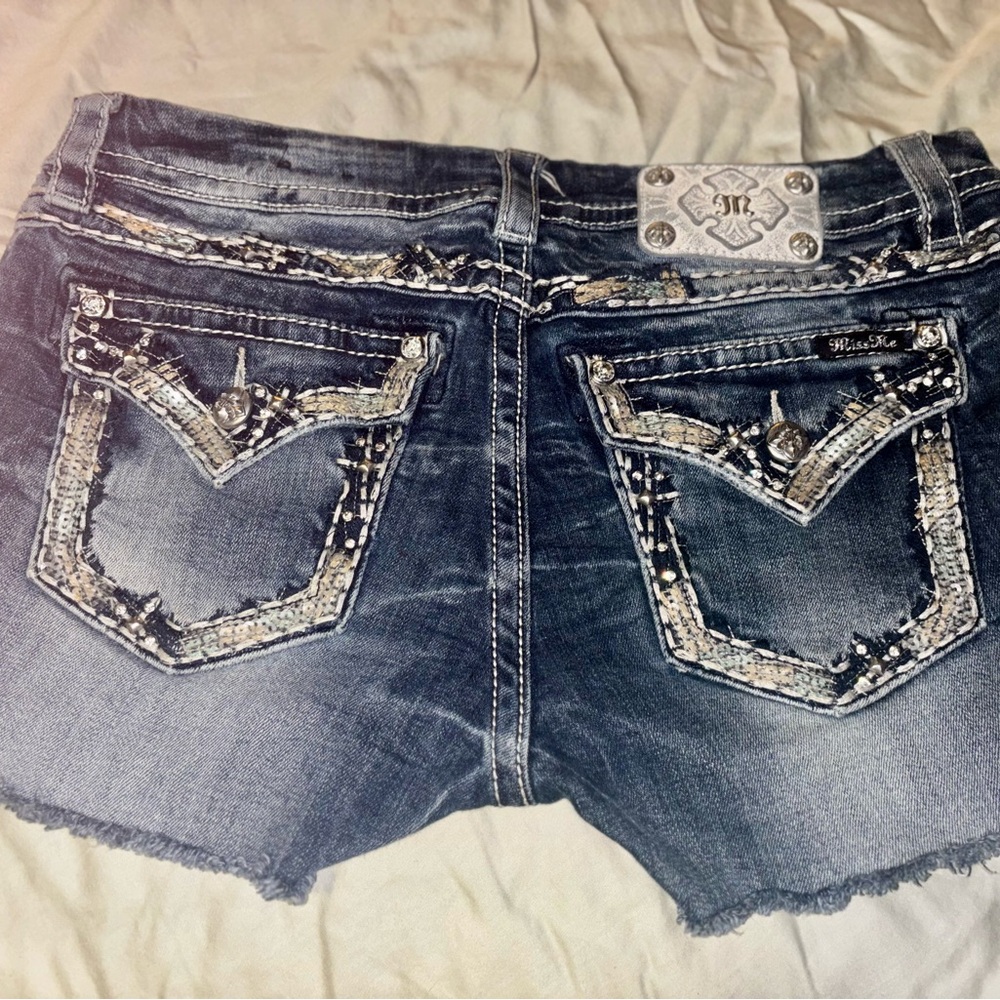 Women’s Miss Me , mid-rise Dark Blue Denim Shorts with Silver Embellishments